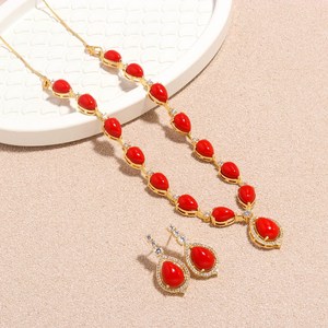 22 K Gold Plated Brass Red Stone Long <b>Necklace</b> Set With Earrings <b>Statement</b> Bridal Wedding Jewelry At Factory Price - Product Image 1