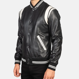 Chaqueta Varsity de Cuero PU Negra para Hombre con Paneles Blancos y Cierre de Botones, Ropa Casual de Otoño - Product Image 2