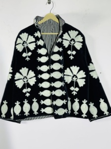 Black Velvet Floral Embroidered Suzani Jacket | Handmade Boho Folk Art <b>Coat</b> | <b>Reversible</b> Vintage Statement Outerwear - Product Image 1