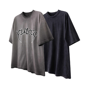 เสื้อยืดโอเวอร์ไซส์ผู้ชาย พิมพ์ลายโลโก้ OEM ล้างสีแบบแอซิด ขาดรุ่ย คอกลม แขนสั้น OEM ไหล่ตก ทรงหลวม สไตล์คนเมือง ผ้าคอตตอนหนา - Product Image 3