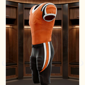 Ensemble d'uniformes de football américain pour hommes, orange et noir, manches courtes, col en V, jersey sublimé ajusté, pantalon respirant - Product Image 4