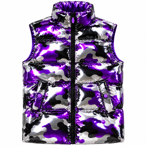 Gilet matelassé camouflage violet argenté brillant pour homme, col montant, fermeture éclair, coupe-vent - Product Image 1