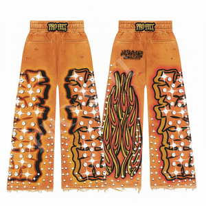 กางเกงแฟชั่นทรงขาบาน ดีไซน์เก๋ไก๋ พิมพ์ลายโลโก้แบบพัฟพร้อมตกแต่งคริสตัล ลายเปลวไฟ ดีไซน์ขาดๆ แบบดิสเทรส - Product Image 3