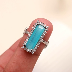 925 <b>Sterling</b> <b>Silver</b> Turquoise <b>Ring</b> Rectangular Turquoise Halo Statement <b>Adjustable</b> Blue Gemstone <b>Ring</b> for Women - Product Image 3