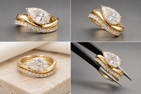 Ensemble de bagues de mariage en or 14 carats personnalisé avec diamant taille poire de 1 carat certifié IGI et alliance incurvée en diamant rond