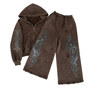 Ensemble de survêtement marron vieilli personnalisé avec sweat à capuche zippé et pantalon évasé, finition délavée à l'acide, tissu doux, élégant, pour unisexe - Product Image 1