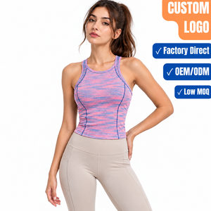 Ribbed Women Yoga Tank <b>Top</b> Solid Color Crew Neck <b>Cropped</b> 4-Way Stretch Moisture-Wicking Breathable Quick Dry - Product Image 1