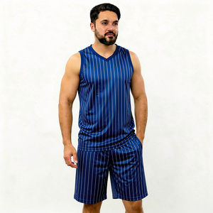 Men's Blue Striped V-Neck Tank Top And Shorts <b>Set</b> <b>Knitted</b> Polyester Breathable Casual Summer Outfit - Product Image 1