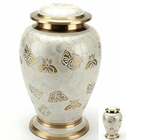 Urna ancha de estilo mármol blanco con tapa dorada minimalista y base de pedestal. Disponible a precios de mayorista. - Product Image 3