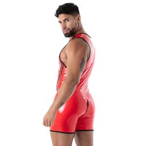 Combinaison intégrale en cuir rouge pour homme, style seconde peau, extensible, coupe ajustée, sexy, pour clubwear et soirée, écologique, imperméable, avec dentelle - Product Image 5