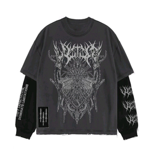 เสื้อยืดแฟชั่นผู้ชายแขนสองชั้น ผ้าฝ้าย ล้างสีแบบแอซิด พิมพ์ลายกราฟิก DTG ทรงโอเวอร์ไซส์ หนานุ่ม สไตล์สตรีทแวร์ - Product Image 5
