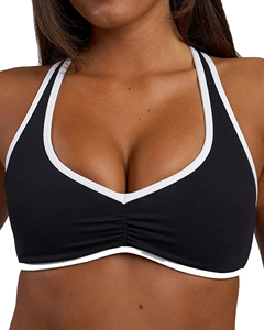 Women's Black Sports <b>Bra</b> With White Contrast Binding Deep V-<b>Neck</b> <b>Halter</b> Yoga Fitness <b>Bra</b> Medium Support Breathable Seamless - Product Image 1