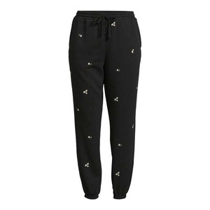 Pantalones Deportivos Casuales de Felpa para Mujer, Negros, con Bordado Floral, Cintura con Cordón y Puños - Product Image 4