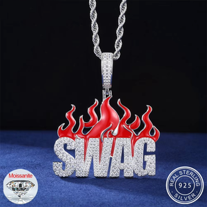 จี้รูปเปลวไฟ Swag ประดับเพชรโมอิสซาไนต์ เงินแท้ 925 ดีไซน์เปลวไฟสีแดง สไตล์ฮิปฮอป  สามารถสลักชื่อได้  เครื่องประดับสุดหรู - Product Image 2
