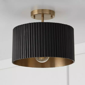Plafonnier semi-encastré SIMIG, luminaire en forme de tambour doré avec abat-jour en tissu noir pour salon, chambre à coucher, salle à manger - Product Image 1