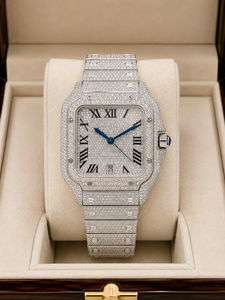 Reloj de Pulsera de Lujo Hip Hop, Totalmente Cubierto de Diamantes Moissanite VVS, Caja Cuadrada con Rosca, Esfera con Números Romanos, Manecillas Azules, Fecha, Plateado - Product Image 4