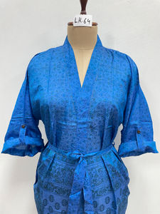 Kimono long en soie indienne, patchwork uni, col en V, style bohème, robe de plage d'été, peignoir confortable, fait main, maternité, devant ouvert - Product Image 4