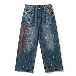 Pantalon en jean pour homme style américain, orné de strass, motif graphique tie-dye, coupe droite ample, style urbain - Product Image 2