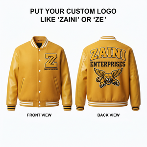 Veste varsity coupe-vent en tissu de laine 450 GSM avec garniture en chenille, logo personnalisé, jaune moutarde, extérieur en laine/polyester - Product Image 1