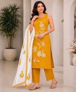 <b>Women</b> Yellow Cotton Embroidered <b>Kurta</b> Set White Dupatta Casual Traditional Wear India Pakistan Style 86128 MORNI- Mc-1144 - Product Image 2
