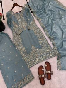Best Selling <b>Women</b> <b>Kurti</b> Palazzo And Dupatta Set With Beautiful Embroidery Work Ethnic Wear <b>For</b> Weddings Available At Good Price - Product Image 5