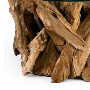 ARTERRA Luxury Modern Decorative Teak Root Coffee <b>Table</b> with Glass Top Round Natural Wood Living Room for Home & Hotel - Product Image 3