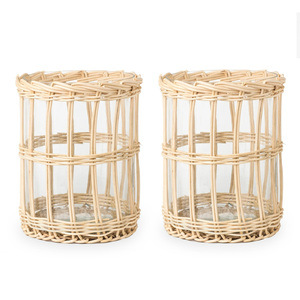 Decorative open weaving glass tumbler <b>boot</b> natural rattan mug wrap iced coffee cup sleeves - Product Image 2