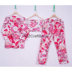 ชุดนอนผ้าฝ้าย 100% สำหรับผู้หญิง ลายดอกไม้พิมพ์ดิจิทัล ชุดเจ้าสาว ชุดเพื่อนเจ้าสาว เอวยางยืด แขนยาว - Product Image 6