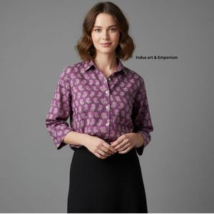 Camisa con estampado de bloques a mano Camisas elegantes para mujer Camisa de tela de algodón suave con estampado de bloques a mano India a la venta al mejor precio - Product Image 1