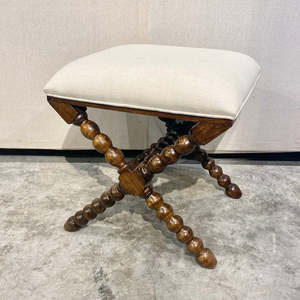 Traditional <b>Wooden</b> <b>Stool</b> With Upholstered Seat And Ball Turned Legs Antique Design Living Room Furniture - Product Image 2