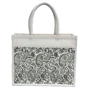 <span class=keywords><strong>Borsa</strong></span> Tote per lo Shopping in juta con <span class=keywords><strong>motivi</strong></span> neri personalizzati eco-friendly stampata realizzata a mano in bengala occidentale con Pocket Design esterno in tela - Product Image 1