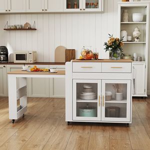 Isola da Cucina Mobile con Tavolo da Pranzo Estensibile, 2 Cassetti, Prese Elettriche e Armadietto Portaoggetti con Ruote - Product Image 2