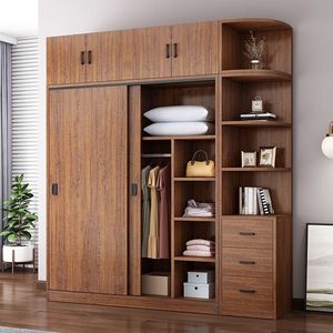 Modern Wood Teak Wardrobe With <b>Sliding</b> Doors Storage Cabinet Bedroom Furniture 3 <b>Drawers</b> Open Shelves - Product Image 1