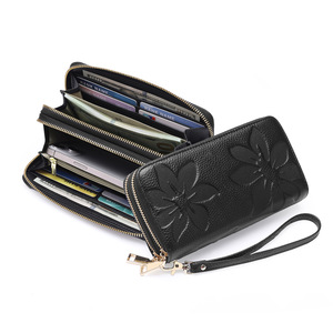 Genuine Leather Double Zipper <b>Wallet</b> Unisex <b>RFID</b> <b>Blocking</b> Large Capacity Long Clutch Letter Embossed Wristlet Purse Polyester - Product Image 5
