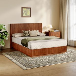 Moderno Letto Queen Size in Noce con Luci LED, Design a Linee Curve Ondulate e Pannello con Scanalature Convesse - Product Image 2