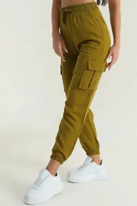 Pantalon cargo vert olive taille haute pour femme, coupe ample, avec cordon de serrage, longueur cheville, décontracté, en coton tricoté, avec poches, style automne - Product Image 3
