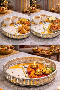 Juego de bandejas para servir con arte Pichhwai, bandeja redonda decorativa de metal para servir. - Product Image 2