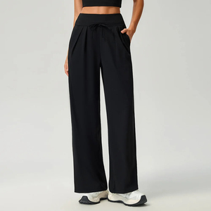 Pantalon d'été taille haute pour femme, coupe large, couleur unie, avec cordon de serrage, ample, longueur totale, décontracté, respirant, coupe-vent, séchage rapide - Product Image 1