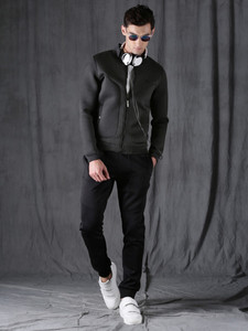 Blouson bomber gris pour homme, fermeture éclair, col montant, style décontracté, respirant, en polyester, pour l'automne, coupe ajustée - Product Image 2