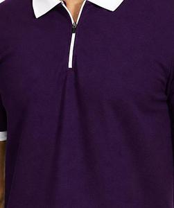 Polo à manches courtes pour homme, couleur unie violette, avec col et poignets blancs, style décontracté tricoté, longueur normale - Product Image 4