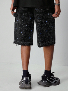 Shorts de Mezclilla Negros de Cintura Alta con Estampado de Lentejuelas Brillantes, Estilo Cargo, Ropa Urbana, Casual de Verano, para Hombre y Mujer - Product Image 4