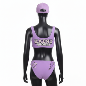 Ensemble de bikini pour femme en tissu extensible texturé polyester élasthanne GSM, haut court sport violet avec logo personnalisé pour ensemble de bikini - Product Image 2
