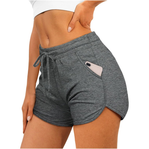 Nouveaux shorts taille haute pour femmes, en tricot de spandex et polyester, avec poches, cordon de serrage, sportifs, couleur unie noire, respirants et ajustés - Product Image 3