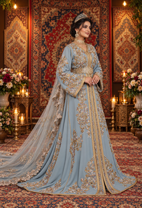 Mishkat Couture Luxury Dusty Blue Plum Velvet Bridal Moroccan <b>Kaftan</b> Hand Embroidery Maxi Muslim <b>Women</b> Islamic Arab Wedding Gown - Product Image 3