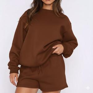 <b>Womens</b> <b>Orange</b> Solid Crew Neck Oversized Sweatshirt and <b>Shorts</b> Set Long Sleeve Casual Streetwear Activewear OEM ODM Wholesale - Product Image 2