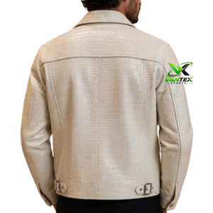 Chaqueta de Motociclista de Lona con Estampado de Cocodrilo Beige para Hombre VANTEX SPORTS, Cuello Alto Informal, Talla Grande, Cierre de un Solo Botón, para Invierno - Product Image 2