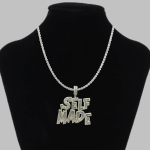SELF Made Rhodium Plated Silver Iced Out <b>Letter</b> Pendant Necklace with Claw Setting for Men's Hip Hop Party Occasion - Product Image 1