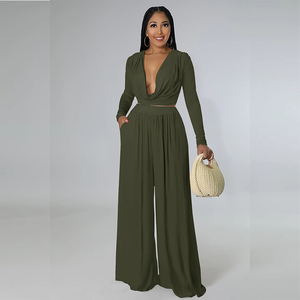 Nuevo Conjunto de Dos Piezas para Mujer, Cuello en V, Color Sólido, Sostenible, Transpirable, Traje de Otoño, Top Corto de Manga Larga, Pantalón de Pierna Ancha, Cintura Alta, Talla XL - Product Image 3