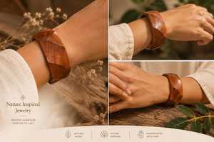 Handmade Artificial Wooden Bangles Hand Carved Design Brass Chip Work Premium Sangria Style Jewelry Set-Craft Emporium <b>Wood</b> - Product Image 2