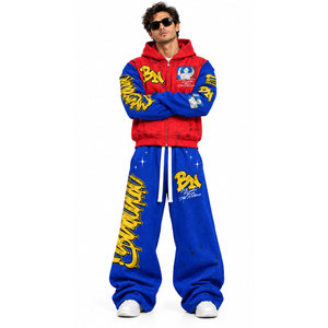 Conjunto Deportivo Unisex BN, Sudadera con Capucha y Cremallera Completa Roja y Azul, Pantalones Deportivos con Estampado por Sublimación, Corte Holgado, Ropa de Otoño para Adultos - Product Image 2
